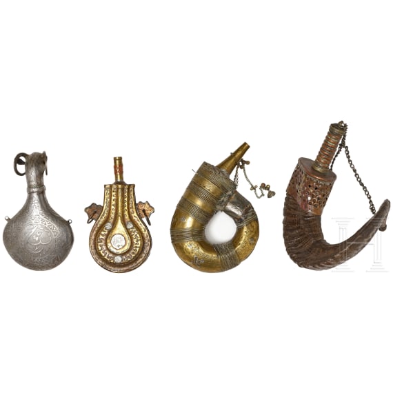 Four powder flasks from North Africa and India, 19th century