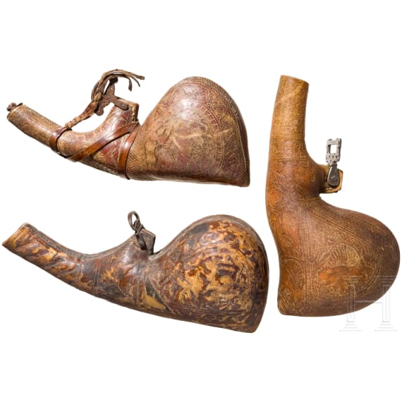 Three Persian/Afghan powder flasks, 19th century