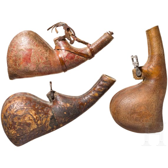 Three Persian/Afghan powder flasks, 19th century