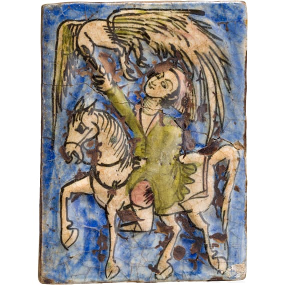 A Persian figural decorated ceramic tile, Kajar period, 19th century