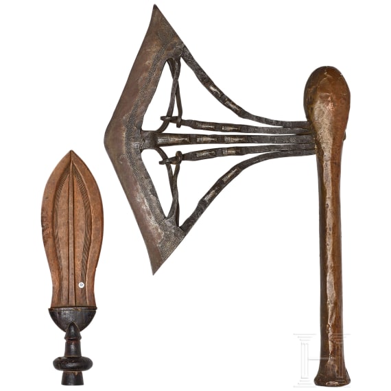 A bronze dagger of the Cuba and a large ritual axe of the Songye, Congo