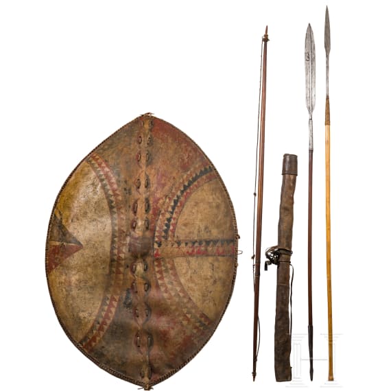 A large Massai shield and African weapons, circa 1900
