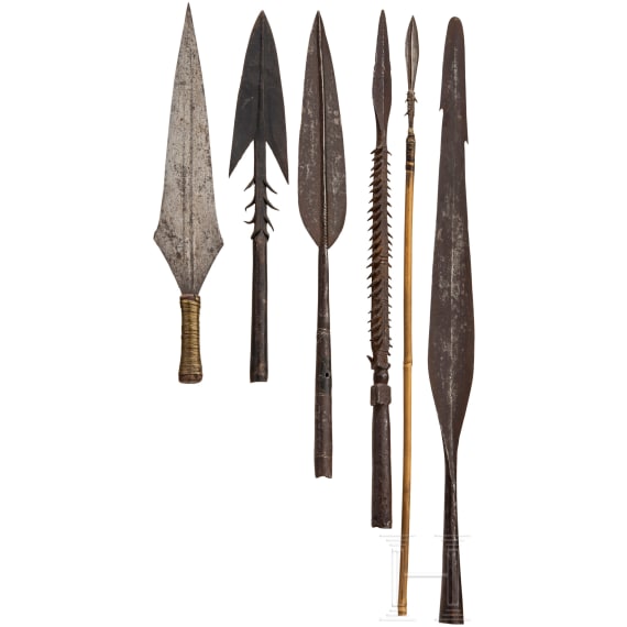 Five Central African different lance tips and one arrow, around 1900