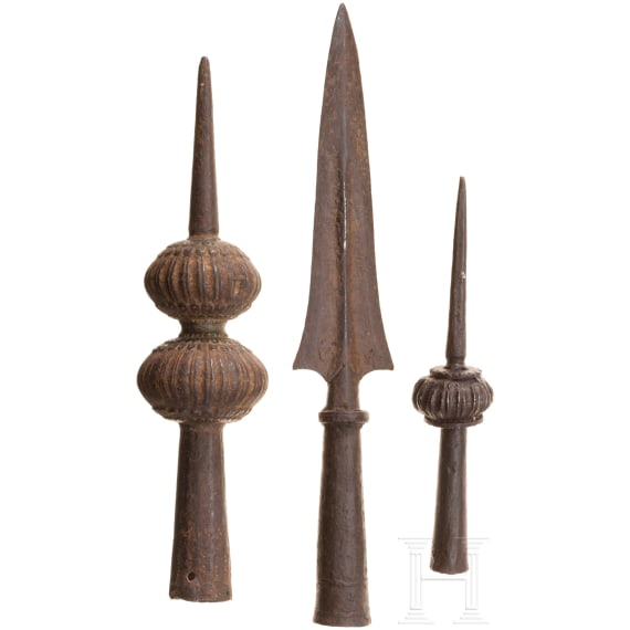 Two Indian ferrules and a spearhead, 17th/18th century