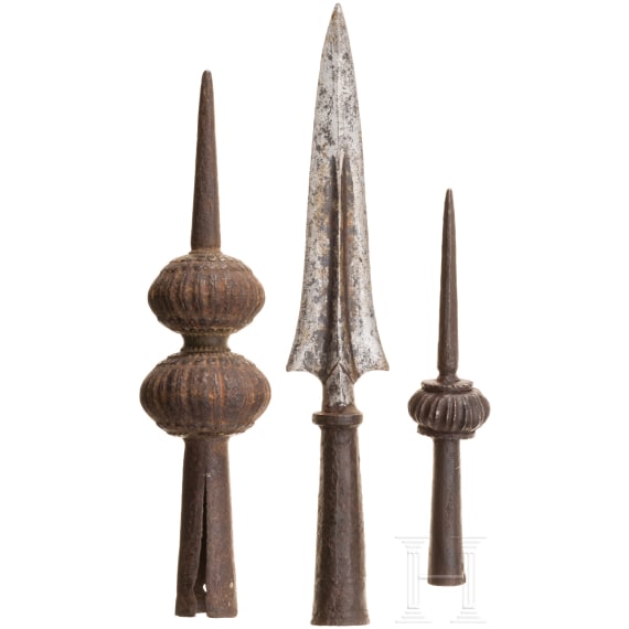 Two Indian ferrules and a spearhead, 17th/18th century