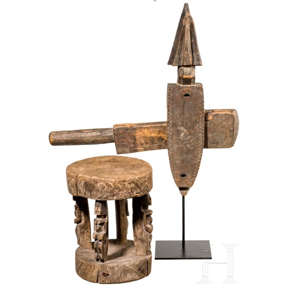 A figuratively decorated stool and door lock, West Africa, Mali, Dogon