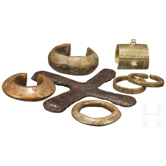 Three parts primitive money and four bracelets, Africa