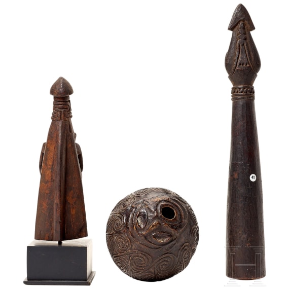 A decorated coconut, a small sculpture and a ceremonial sceptre, Papua New Guinea