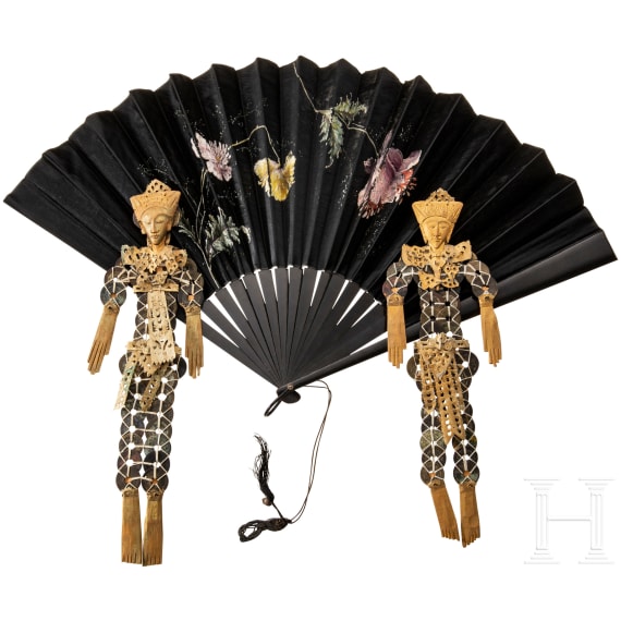 Two figures with coins from the Qing Dynasty, painted silk fan, China, 1900