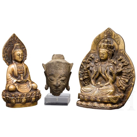 Two Buddhas and a stone head, Thailand/China, 18th/19th century