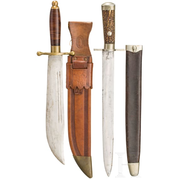 An US bowie knife and a small hunting hanger, 19th century