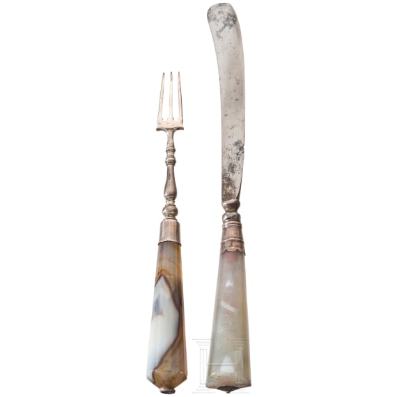 A knife and fork with agate handles, England, 1st half of the 18th century