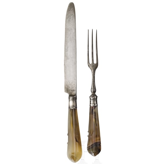 Two-piece cutlery with agate handles, England, 1st half of the 18th century