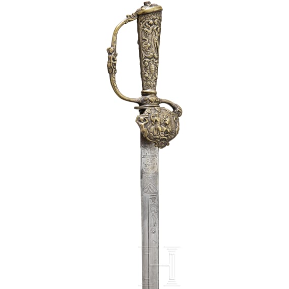 A Dutch hunting hanger with brass handle and scabbard, 1st half of the 18th century