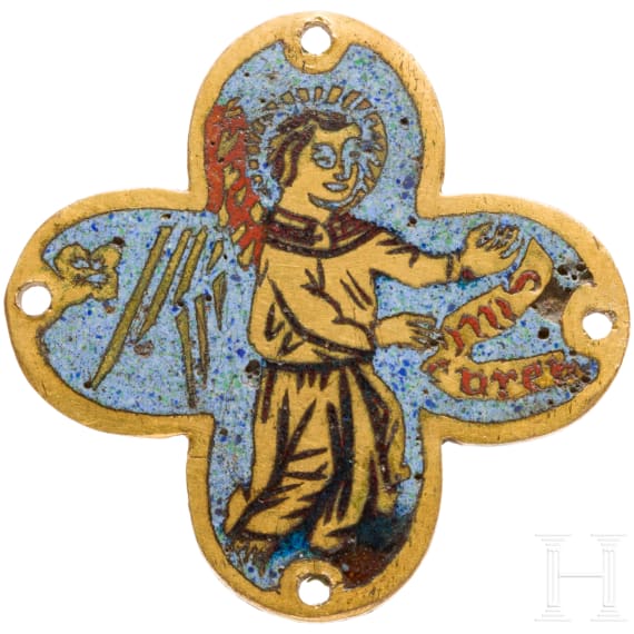 Frühe Plakette in Kreuzform mit Engel, Limoges oder Italien, 15. Jhdt.