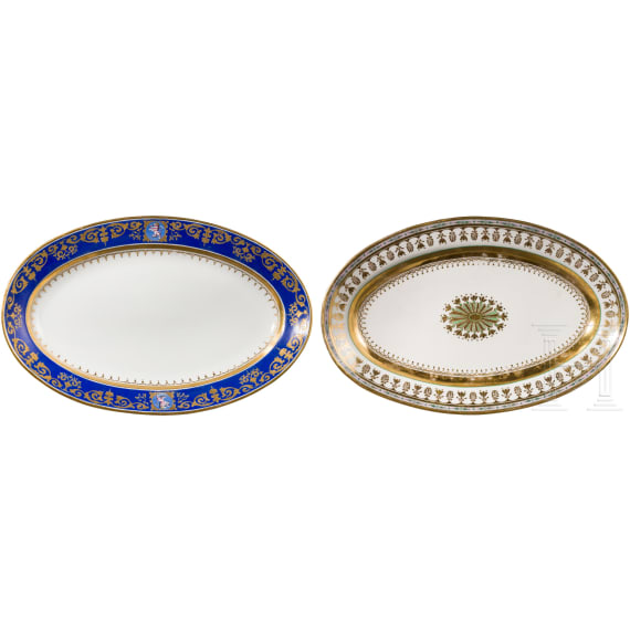 Two oval serving plates, one from a dinner service of Grand Duchess Alexandra Nikolaevna, the Imperial Russian Porcelain Manufactory St. Petersburg
