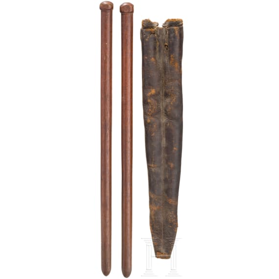 Drumsticks in leather case, c. 1880
