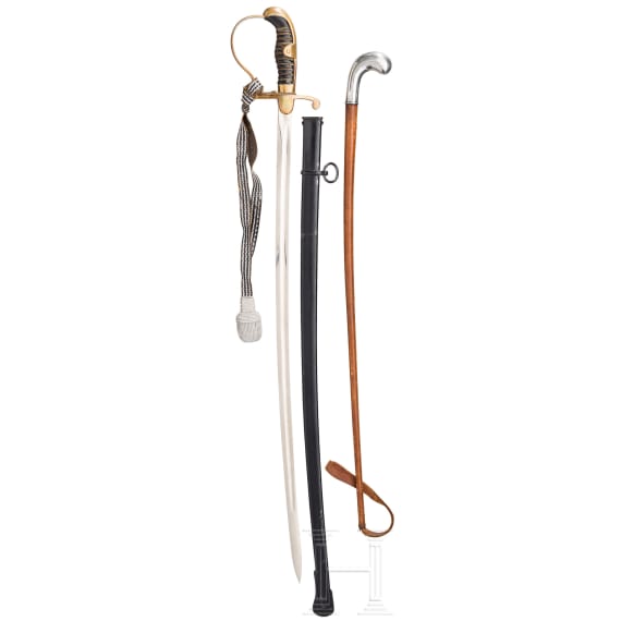 German sabre and riding crop with silver handle, 1st half 20th century