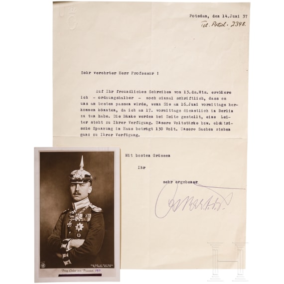 Oskar Prince of Prussia (1888-1958) - letter with signature, picture postcard