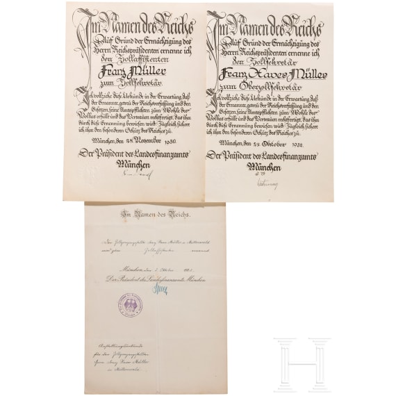 Bavaria - group of documents for Customs Inspector Franz M&uuml;ller in Memmingen