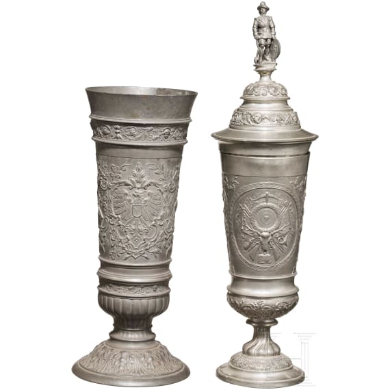 Two shooting trophies made of pewter, German/Austria, 19th century