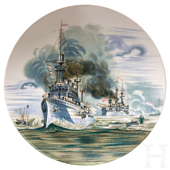 Ceramic plate with battleships, around 1900