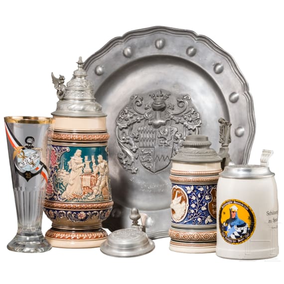 Three beer mugs, tin lids and plates as well as beer glasses