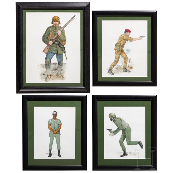 Five original gouaches of uniforms, 20th century