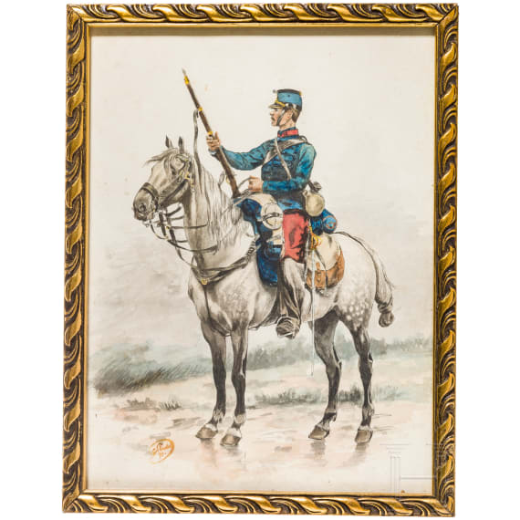 Uniform watercolour of a French hussar of the 12th regiment, dated 1892