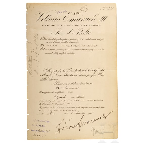 Benito Mussolini and Vittorio Emanuele III - personal signatures on a decree