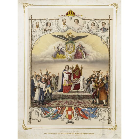 Colored lithograph of the birth of Archduke Rudolf Franz Joseph, Eduard Friedrich Leybold, dated 1858