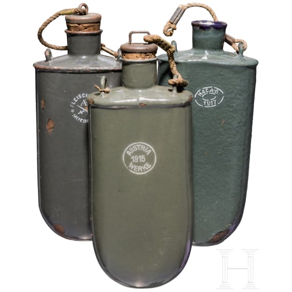 Three enamelled field bottles, 1st world war