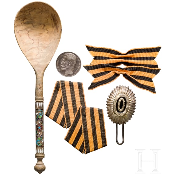 Enamelled birch spoon, cockade and medal for bravery, Russia, c. 1910