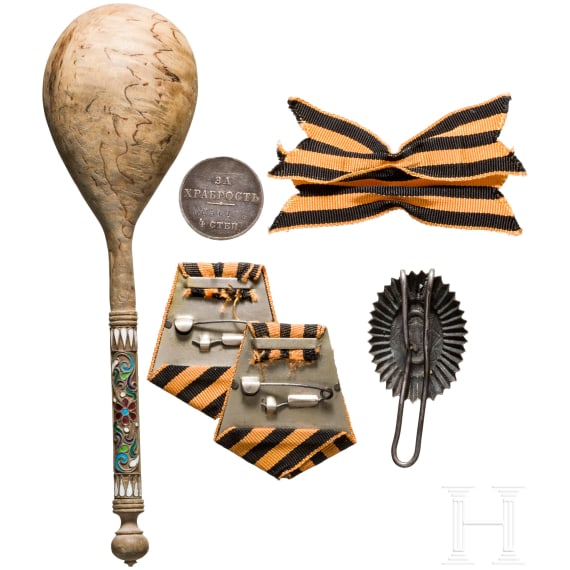 Enamelled birch spoon, cockade and medal for bravery, Russia, c. 1910