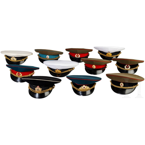 Eleven Soviet visor caps for officers