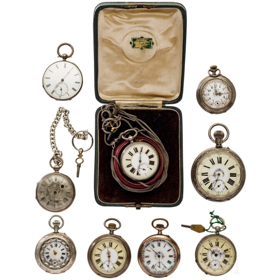 Nine pocket watches, mostly Alpine designs