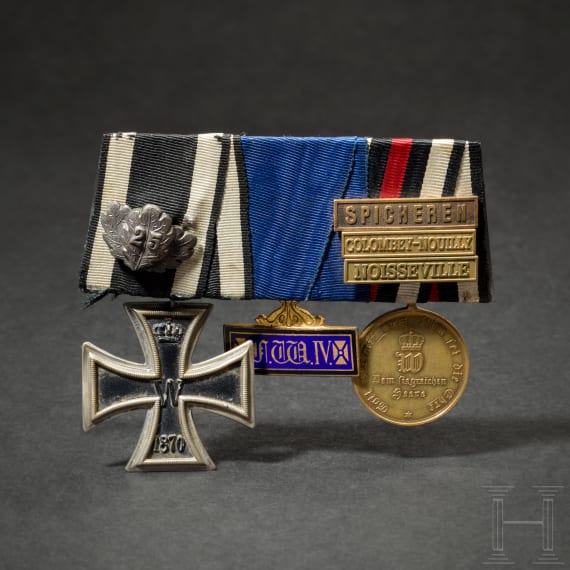 Medal bar with Iron Cross 2nd class 1870, oak leaf "25", three battle clasps