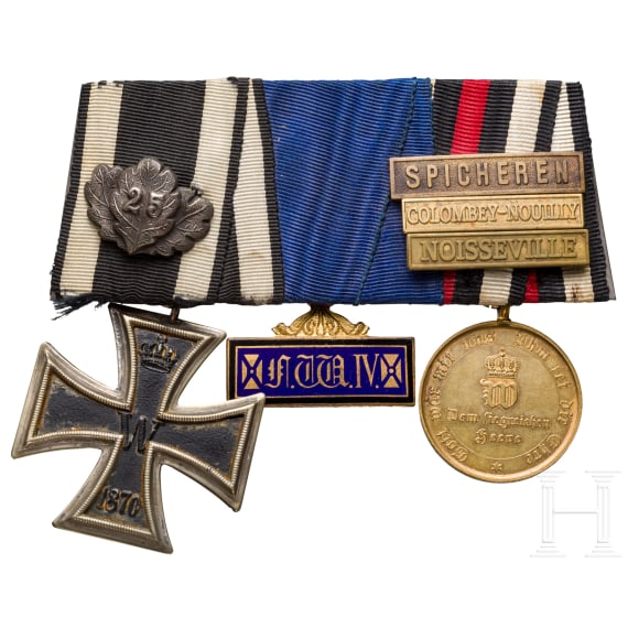 Medal bar with Iron Cross 2nd class 1870, oak leaf "25", three battle clasps