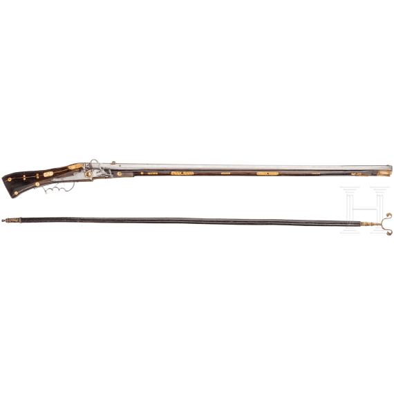 A heavy German bone-inlaid matchlock musket with musket support, dated 1589