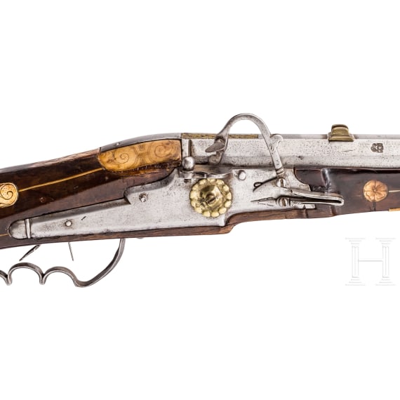 A heavy German bone-inlaid matchlock musket with musket support, dated 1589