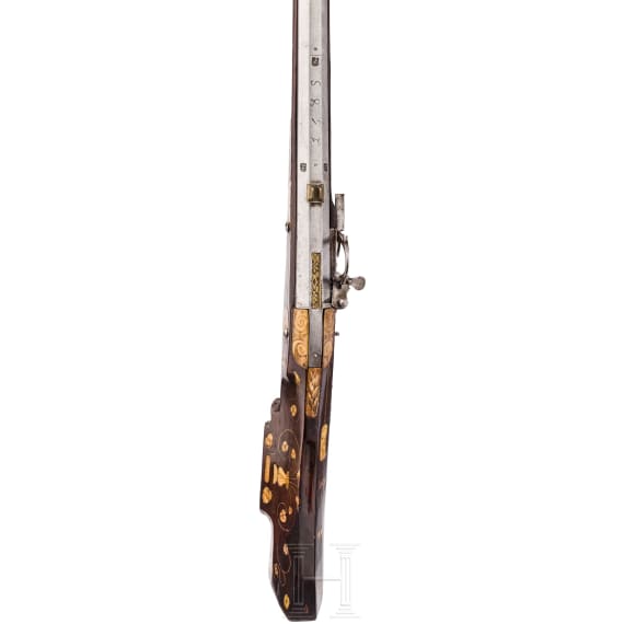 A heavy German bone-inlaid matchlock musket with musket support, dated 1589