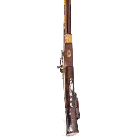 A heavy German bone-inlaid matchlock musket with musket support, dated 1589