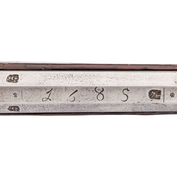 A heavy German bone-inlaid matchlock musket with musket support, dated 1589