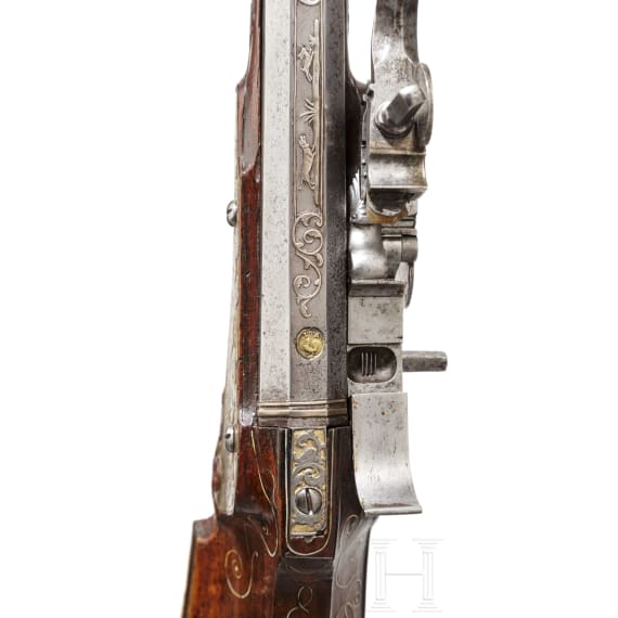 A fine wheellock rifle with chiseled lock, Augsburg, circa 1700
