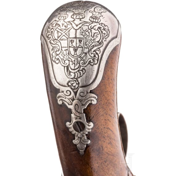 A pir of silver-mounted flintlock travel pistols, German/France, ca. 1730