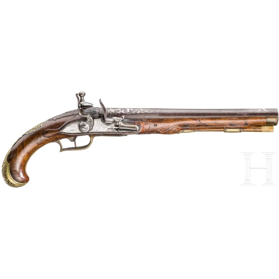 A silver-inlaid flintlock pistol, Ulrich M&auml;ntz, Brunswick, ca. 1740