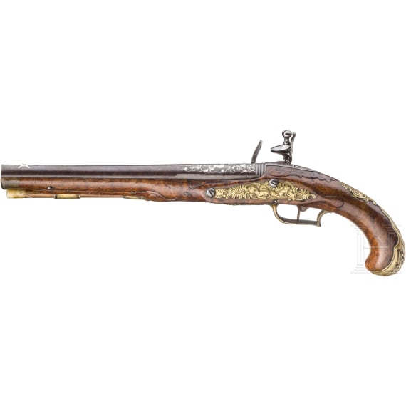 A silver-inlaid flintlock pistol, Ulrich M&auml;ntz, Brunswick, ca. 1740