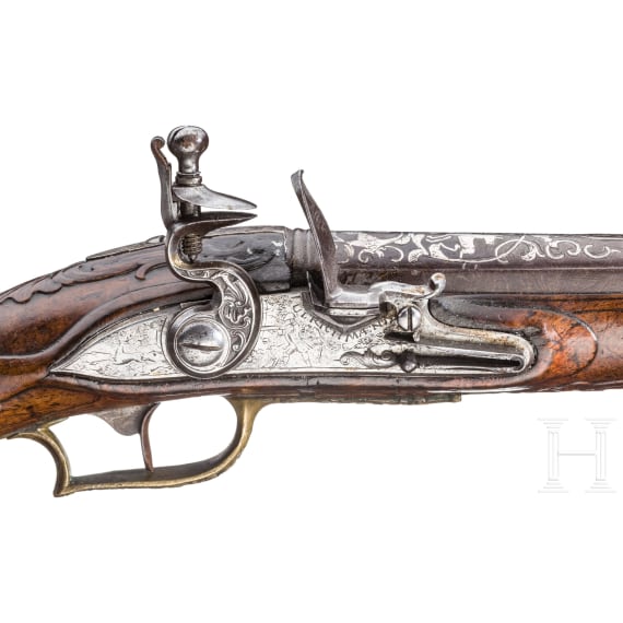 A silver-inlaid flintlock pistol, Ulrich M&auml;ntz, Brunswick, ca. 1740