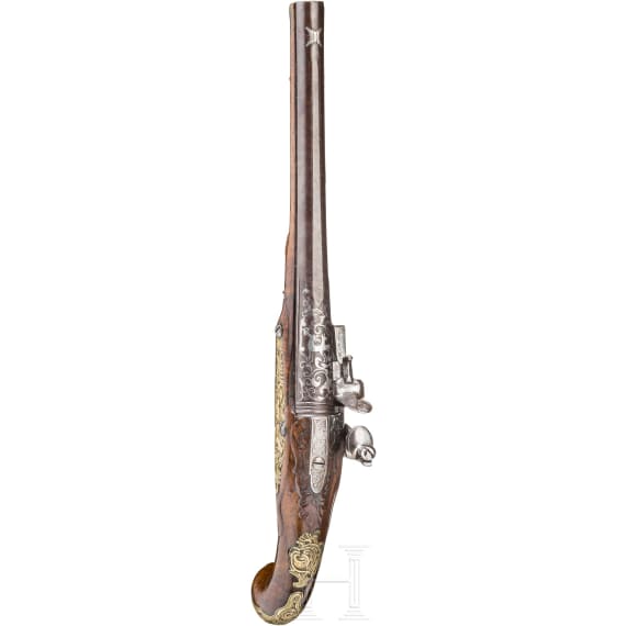 A silver-inlaid flintlock pistol, Ulrich M&auml;ntz, Brunswick, ca. 1740