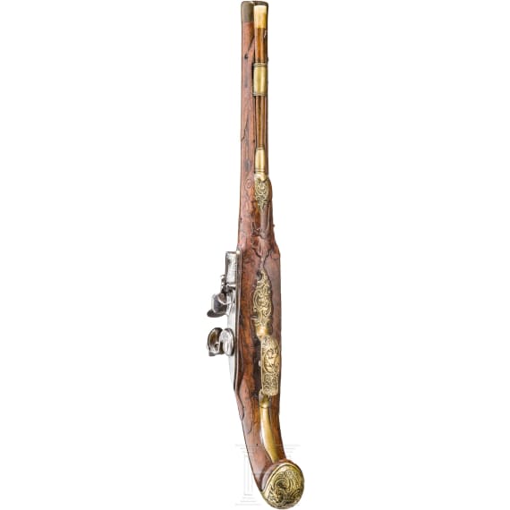A silver-inlaid flintlock pistol, Ulrich M&auml;ntz, Brunswick, ca. 1740